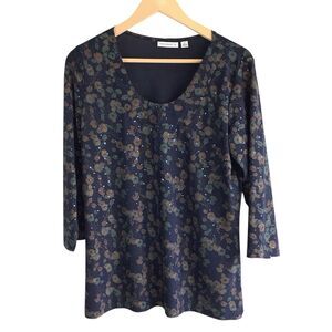 Susan Graver Blouse Top Women M Blue Tan Floral 3/4 Sleeve Sparkles Bling Tunic